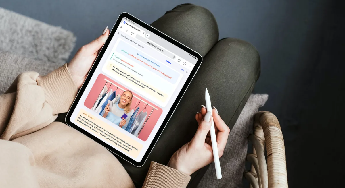 A learner doing a lesson on a tablet at home